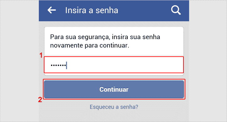 Inserindo a senha novamente para desativar a conta do Facebook pelo celular. Inserindo a senha novamente para desativar a conta do Facebook pelo celular.