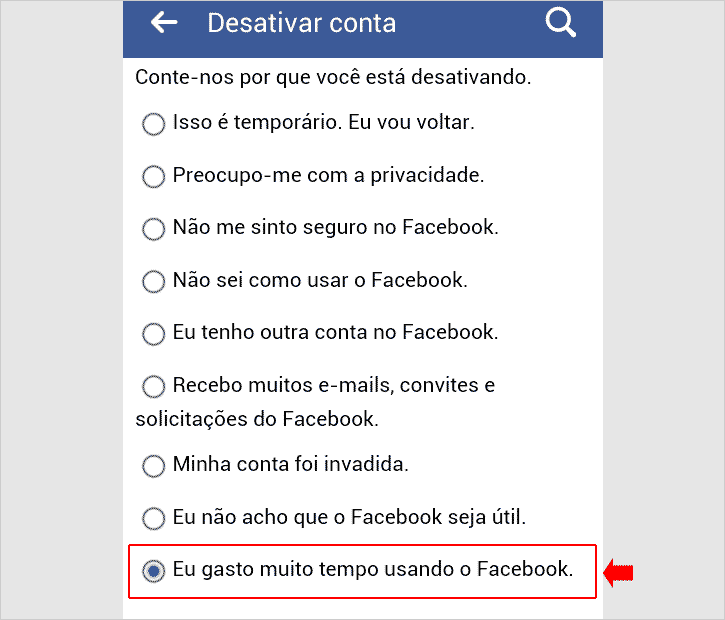 Informando por que estou desativando a conta do Facebook pelo celular Informando por que estou desativando a conta do Facebook pelo celular
