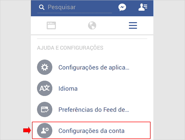 Acessando Configurações da conta para desativar o Facebook pelo celular Acessando Configurações da conta para desativar o Facebook pelo celular