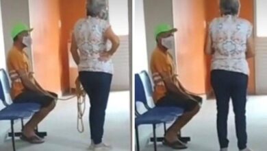 Mulher leva marido amarrado a posto de vacinação e internautas vão à loucura